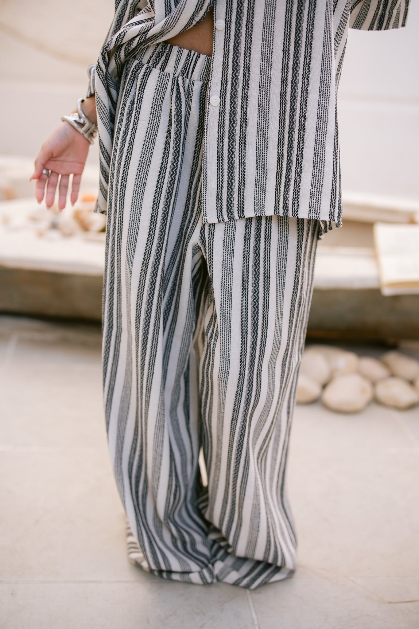 Relaxed Fit Striped Trousers - Black