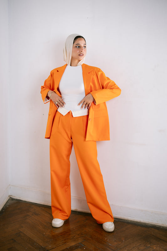 Fold-Over Waist Suit Pants - Coral Orange