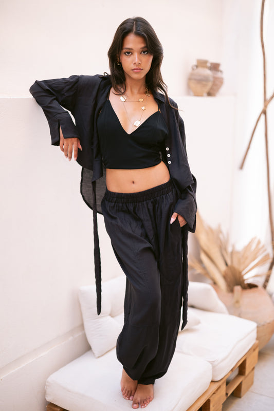 Linen Shirt & Pants Co-Ord in Black